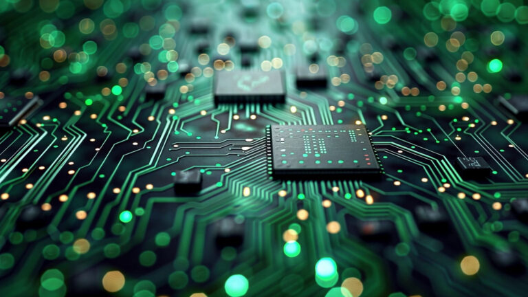 This detailed view highlights a circuit board filled with intricate pathways and chips SBI
