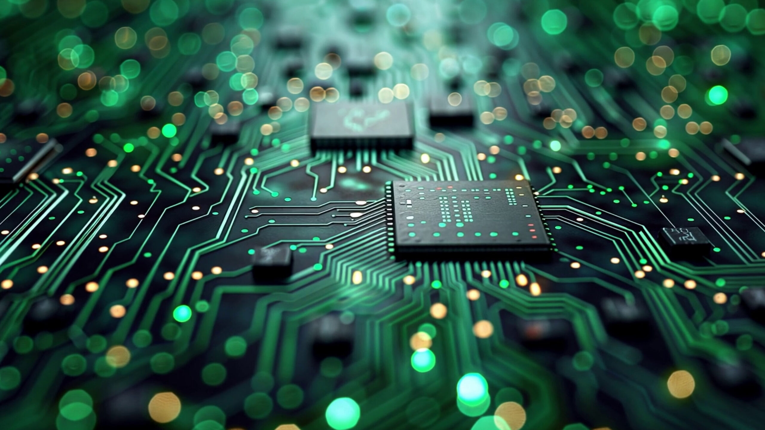 This detailed view highlights a circuit board filled with intricate pathways and chips SBI